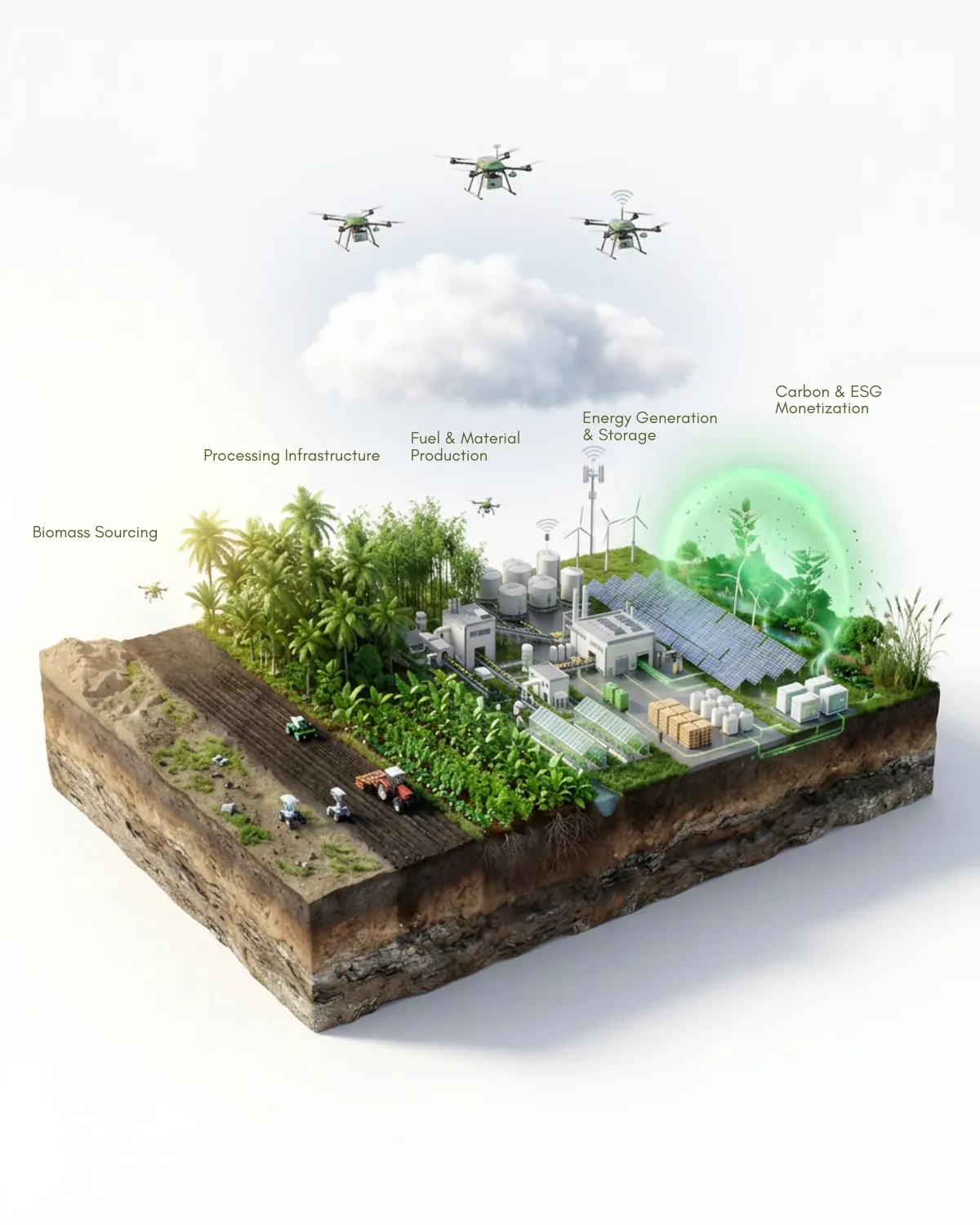 Aerial composition of plantation, processing facility, and storage infrastructure.