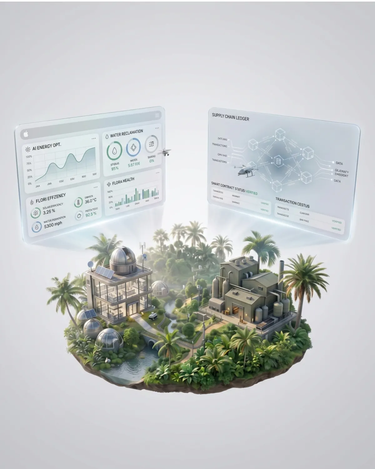 Industrial green facility surrounded by tropical vegetation.